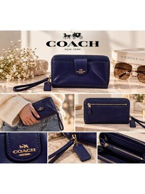 Coach Women's vavy Leather Zip Around Wristlet Wallet Gold Hardware